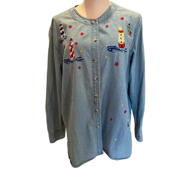 QUACKER FACTORY Washed DENIM LIGHTHOUSE SHIRT size Large Embroidered Rhinestone - Picture 1 of 10